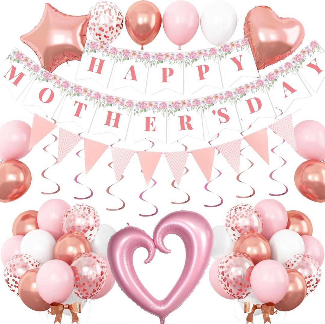 DMIGHT Mothers Day Decorations Happy Mothers Day Banner with Rose Gold Latex & Foil Balloons, Hanging Swirls for Pink Mothers Day Party Supplies