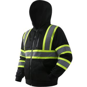 JKSafety Hi-Vis Safety Sweatshirt for men women High Visibility Zip-Up Hooded Sweatshirt Hoodie work utility Reflective Strips with Extended Trims (JK121-Black,L)