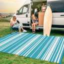 GAOMON Modern Striped 9x12 Outdoor Rug UV-Resistant Geometric Lines Reversible Plastic Straw Indoor Outdoor Rugs Waterproof Outside Large Carpet for Camping Trailer RV Balcony Pool Light Blue White