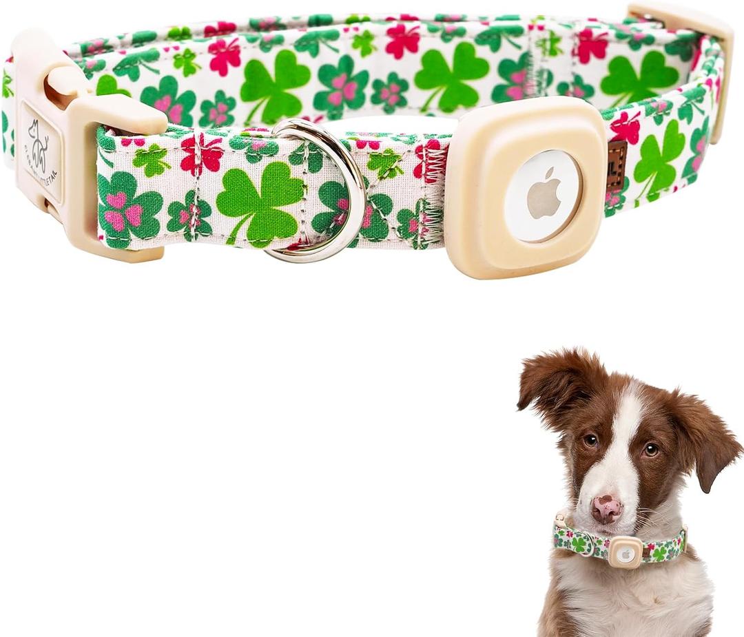 3 x Elegant little tail Airtag Dog Collar, St Patrick's Dog Collar Pet with Airtag Holder Holiday Pet Collar Cute Puppy Collar Adjustable Pet Dog Collars for Large Dogs (Large (Pack of 1), Pink Lucky Clover)