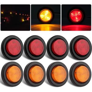 8Pcs 2 Inch Round Led Trailer Marker Lights, 4 Amber + 4 Red 2 Inch Round LED Side Marker and Clearance Marker Lights 4 LED Sealed Flush Mount w/Grommets and 2 Prong Trailer Wire Pigtails Waterproof