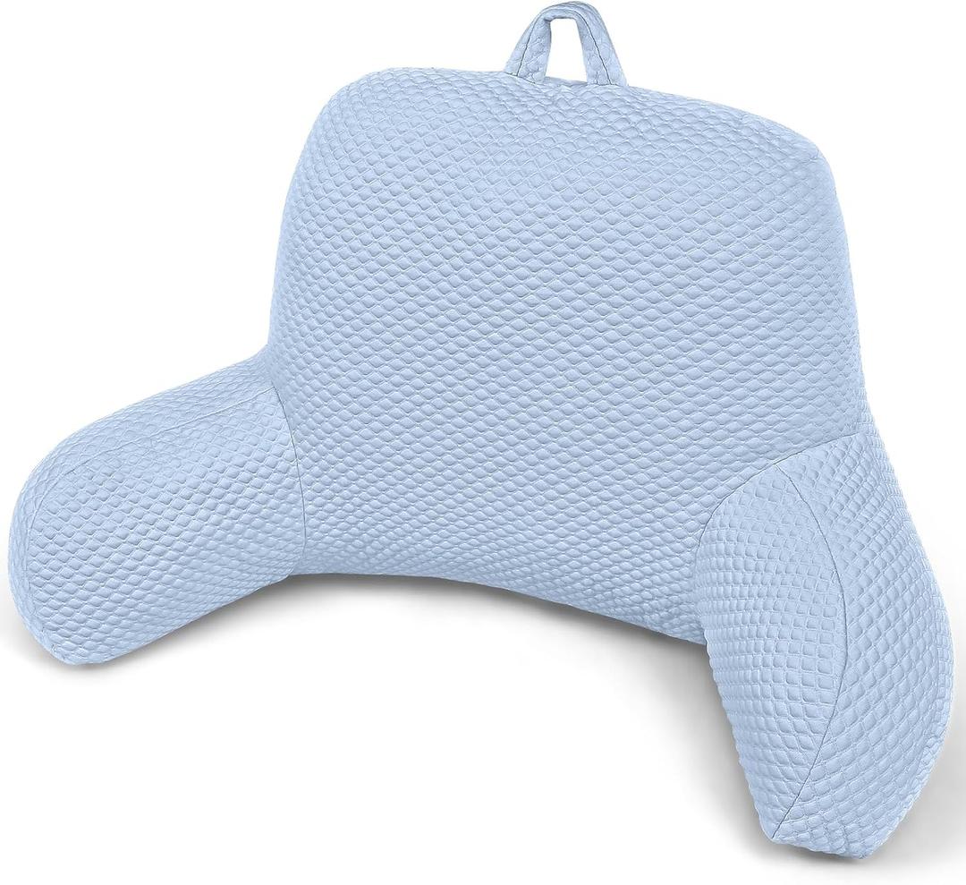 Reading Pillow, Ice Silk Bean Back Support Pillow for Bed Sitting Up, Large Bed Rest Pillow with Arms for Adults,Back Support Pillow for Couch and Chair, Blue