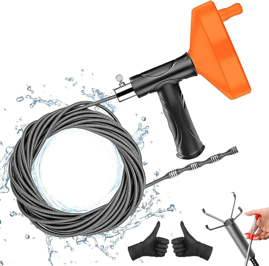 Drain Snake Auger 33 Feet, Plumbing Snake Drain Hair Clog Removal Tool, Heavy Duty Toilet Snake Auger, Sink Unclogger Drain Cleaner Tool for Bathroom Kitchen Tub Shower Drain Clog Remover with Gloves