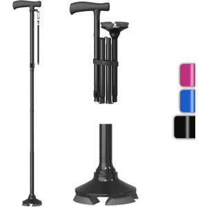 BONTEC Walking Cane - Height Adjustable Free Standing Foldable Canes, Aluminum Alloy Walking Stick with 360 Pivoting Base, Lightweight, Anti-Lost Tag, Canes for Women Men Seniors & Mountaineers (Black)