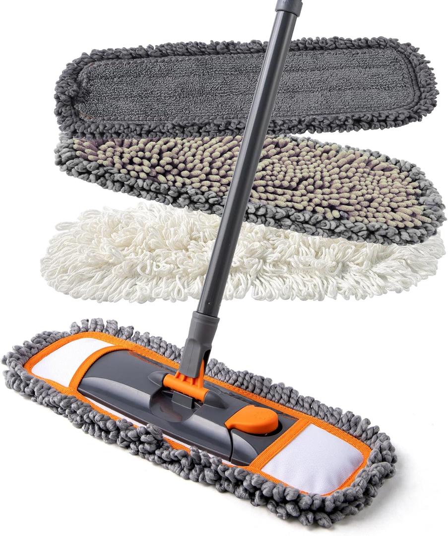 Mops for Floor Cleaning with 3 Different Washable Pads and Extendable 55 Long Handle, Multifunction Dust Mop for Hardwood, Marble, Tile Floor Mopping, Orange