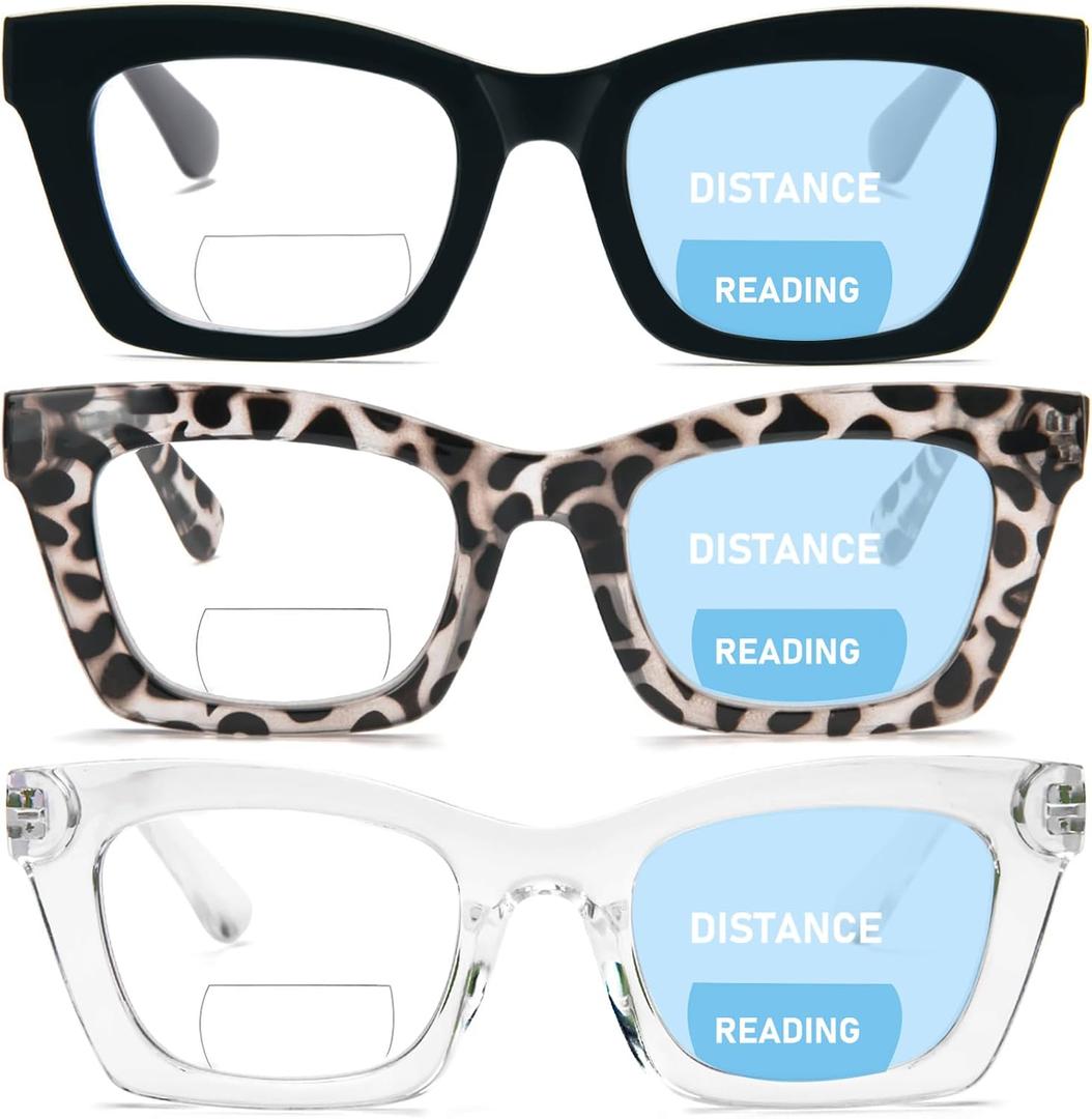 REAVEE 3 Pack Bifocal Reading Glasses for Women, Blue Light Blocking Stylish Thick Frame Trendy Cute Readers with Spring Hinge (Black/Clear Leopard/Clear 1.0)