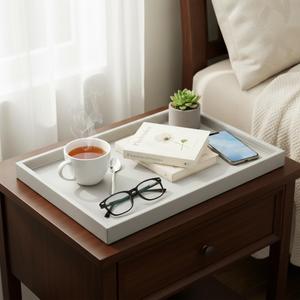 20x14 Inch Rectangular Ottoman Tray | Textured PU Leather, Waterproof & Heat-Resistant Storage for Coffee/Dining Tables, Sofa, Bed, Entertainment & Party (Tranquil Beige, 20 * 14in)