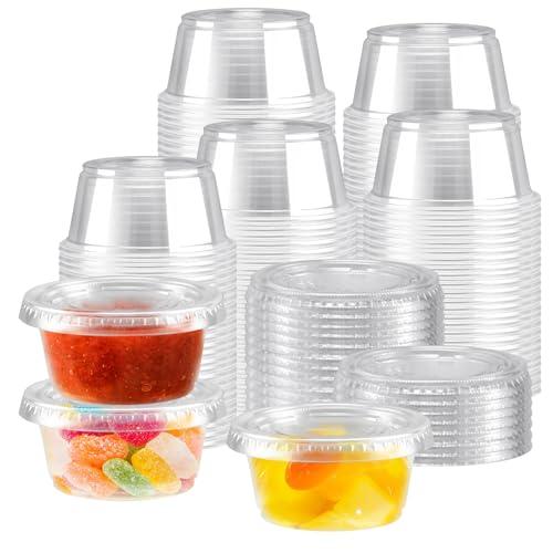Huifany 400 sets 2 oz Disposable Plastic Portion Cups with Lids, Sturdy Jello Shot Cups, Souffle Cups, Clear Plastic Containers with Lids for Salad Dressing,Condiment and Dipping Sauce