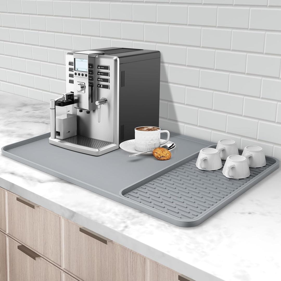 Silicone Coffee Mat, 24'' x 16'' Bar Mat with Detachable Dish Drying Mat for Countertops, Fits Under Coffee Maker, Machine, Espresso Machine, Dish Rack (Gray)
