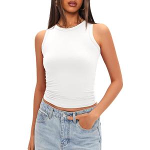 Darong Women's Tank Tops Crew Neck Sleeveless Basic Stretch Double Lined Fitted Tank Shirt Crop Camis (White, S)