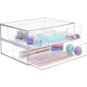STORi Sofia 12.5 Wide Clear Stackable Open & Divided Storage Drawers, 2 Pack Plastic Organizer Bins for Makeup Palettes, Cosmetics, & Beauty Supplies, Vanity, Bathroom, Desk Organization, Made in USA