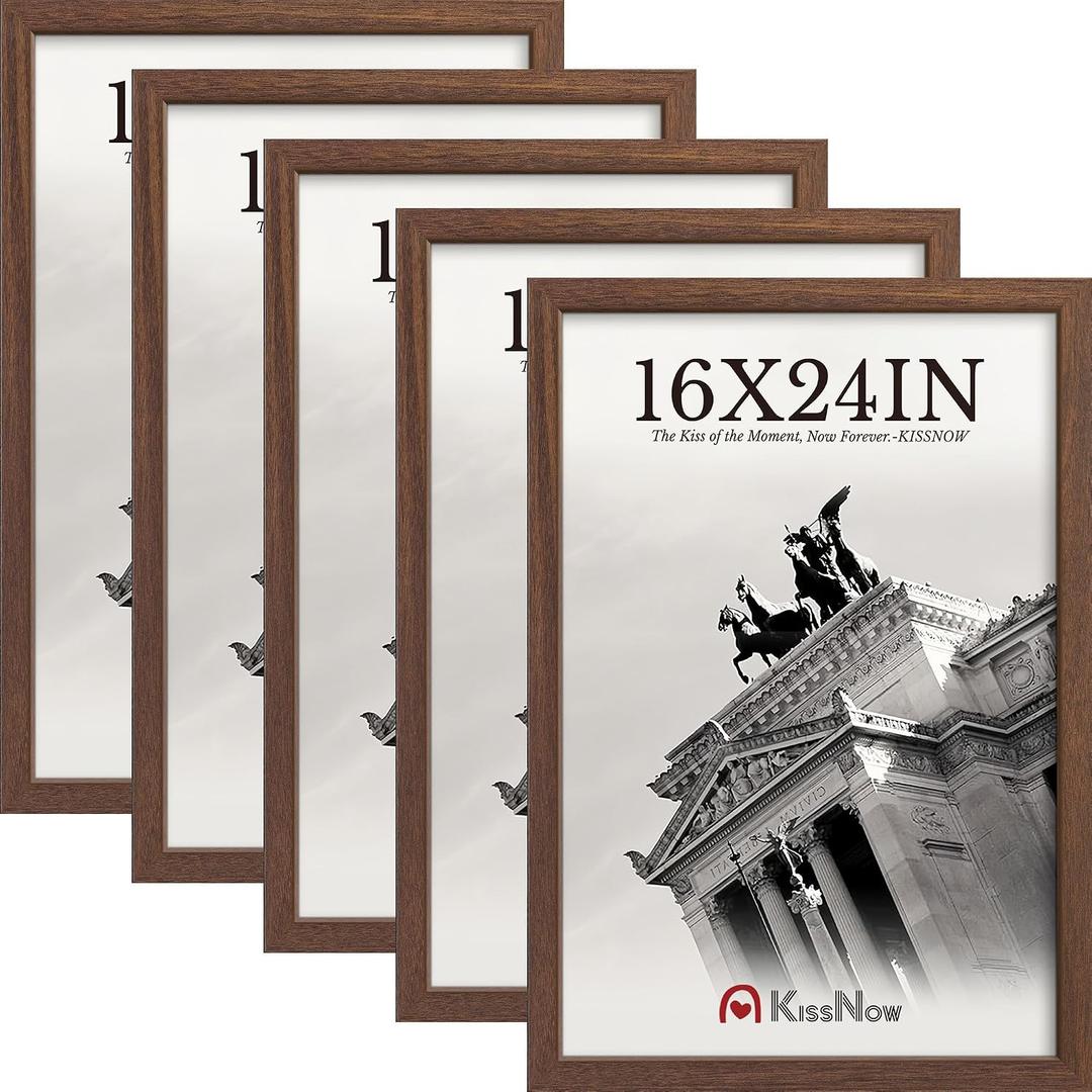 16x24 Picture Frame 5 Pack, Brown Solid Wood Poster Frame for Wall