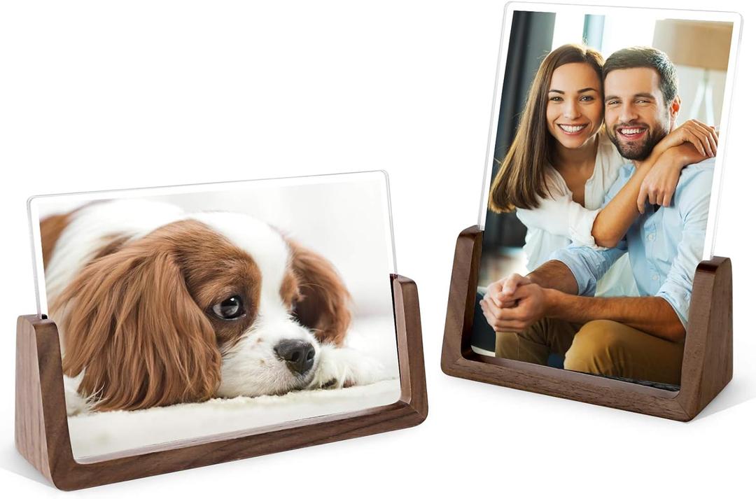 Mixoo 4x6 Wood Photo Picture Frame 2 Pack - Rustic Wooden Picture Frame with Walnut Wood Base and High Definition Break Free Acrylic Covers for Tabletop or Desktop Display (Horizontal + Vertical)