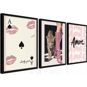 Trendy Leopard Wall Art Set of 3, Pink Preppy Y2K Cheetah Prints Wall Decor Paintings, Funky Lucky Girl Amore Aesthetic Posters Pictures for Living Room Bedroom Dorm Decor 16x24 Inch Wood Framed, 24L" x 16W"