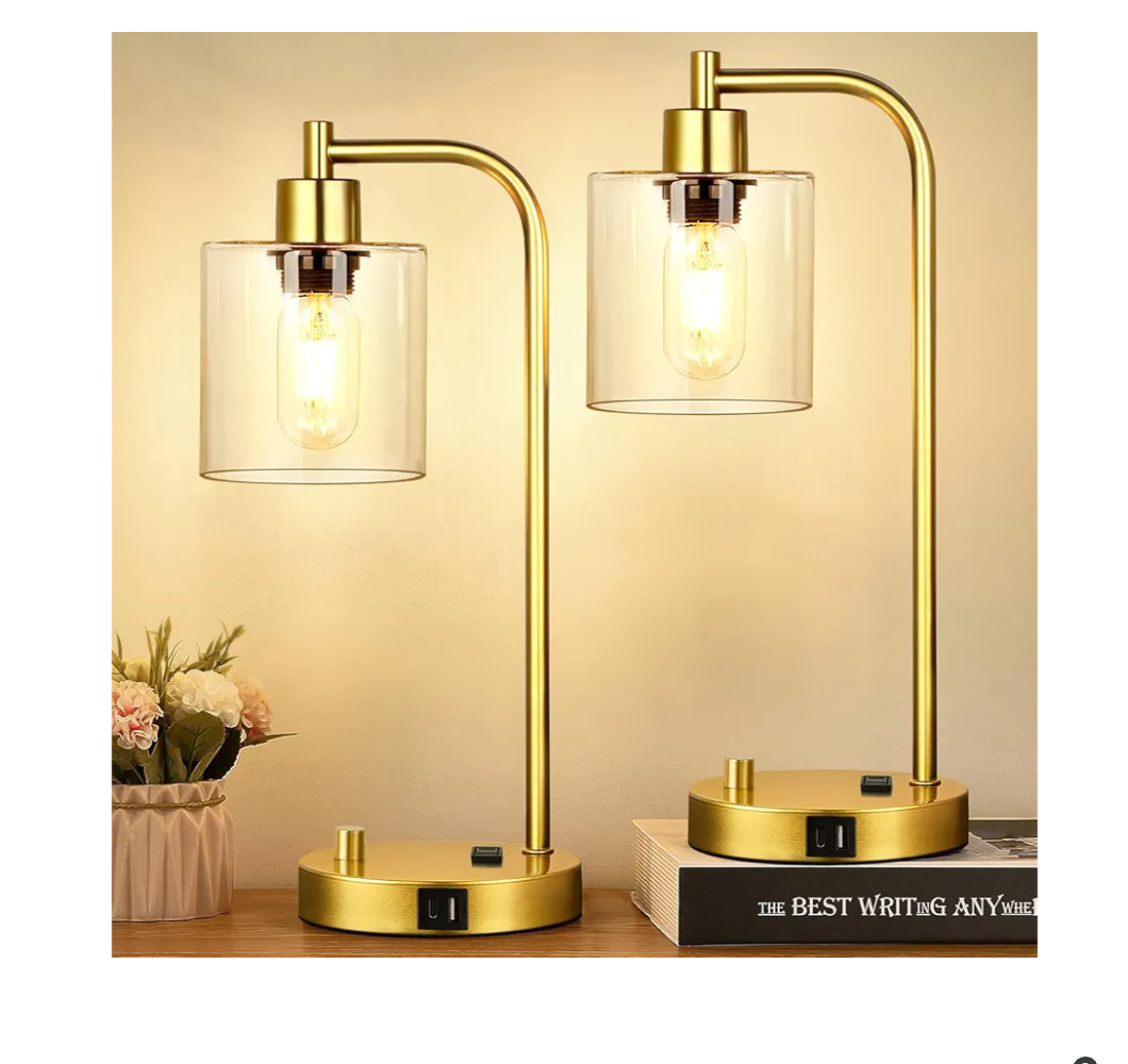 Set of 2 Industrial Table Lamps with Clear Glass&Gold(Base)-Two Bulbs Included
