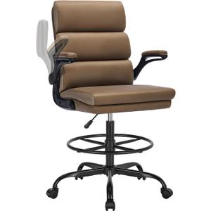 Drafting Chair Tall Office Chair with Padded Flip-up Armrests Executive Ergonomic Computer Standing Desk Chair with Comfortable Leather Backrest and Adjustable Footrest Ring (Tan)