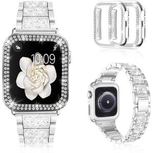 Mosonio Compatible with Apple Watch Band 38mm 40mm 41mm 42mm 44mm 45mm 46mm 49mm with 2 Pack Case Women, Jewelry Replacement Metal Bands Strap with Bling PC Protective Case for iWatch Ultra SE Series 10/9/8/7/6/5/4/3/2/1 (Silver)