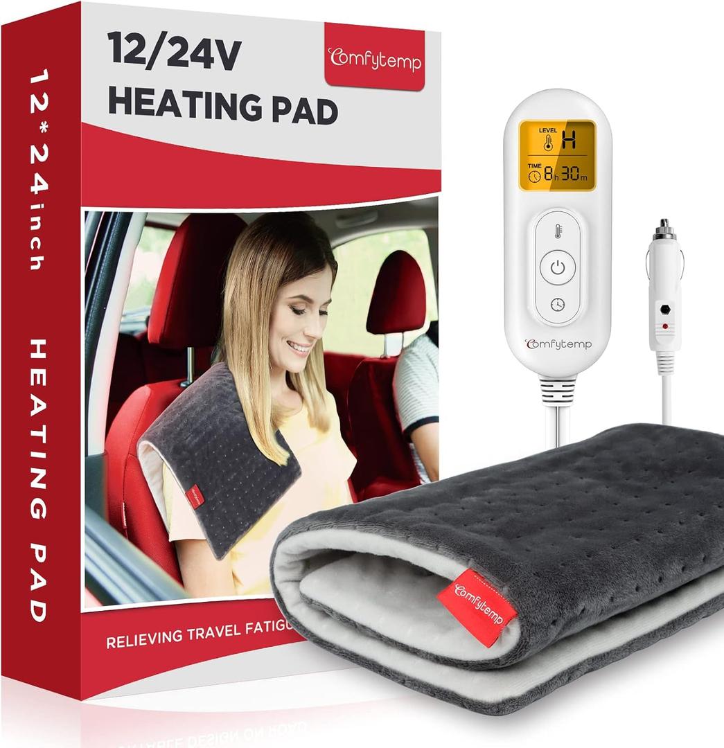 Comfytemp 12V/24V Car Electric Blanket for Back Pain Relief, 4 Heat Setting, 11 Auto-Off, Portable Mini Travel Blanket for Back Pain, Shoulders and Cramps Relief, 12x 24 Washable