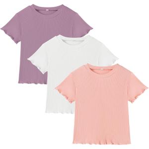 3 Pack Toddler Girl T-Shirts Ruffle Short Sleeve Baby Girls Top Basic Solid Ribbed Knite Casual Tees for Little Kid (18-24 Months, Purple/White/Pink)