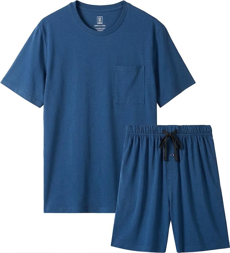 BAMBOO COOL Men's Short Pyjamas Short Sleeve Shirts, Sleep Sets with Pockets, Soft Loungewear, Breathable Pijama, Moisture Wicking, Fresh and Dry, Medium, Blue