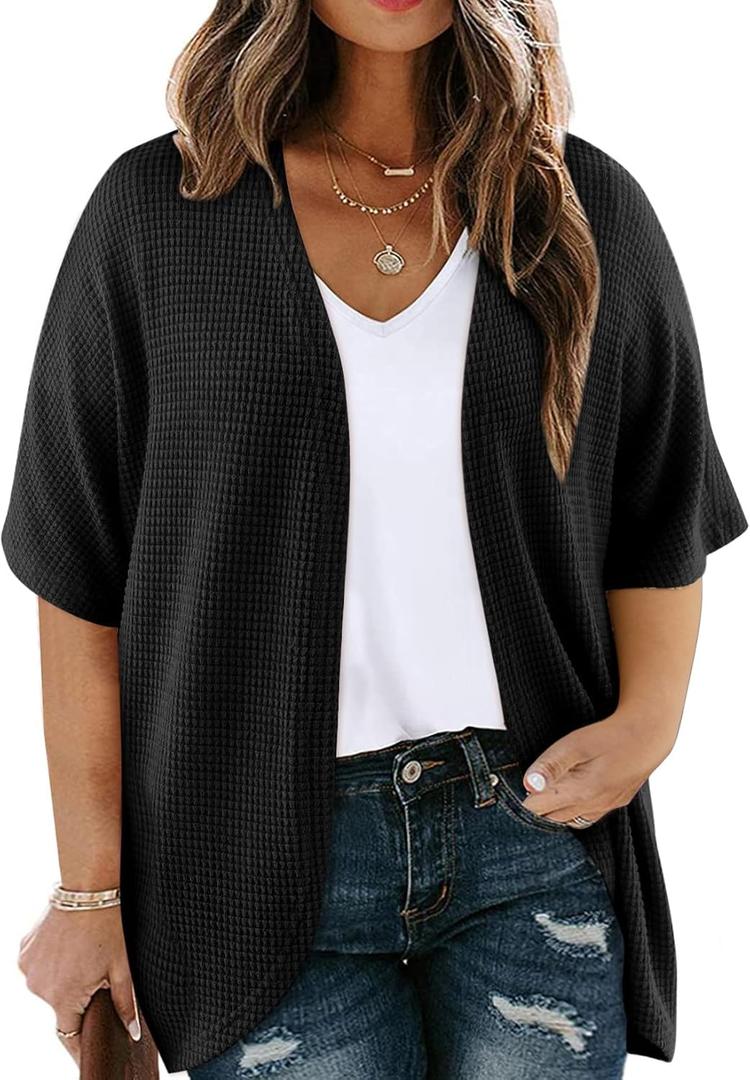 Eytino Womens Plus Size Cardigan Casual Short Sleeve Waffle Knit Kimono Open Front Tops(1X-5X) (Black, 1X)