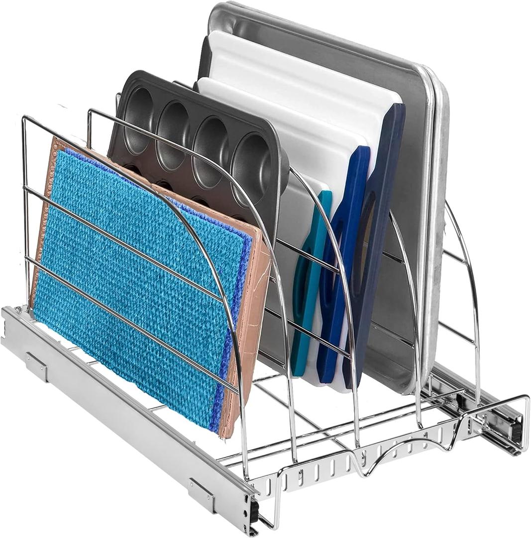 HOLDN STORAGE Pull Out Organizer for Bakeware, Cutting Board and Trays, Adjustable Dividers - Heavy Duty - For Narrow Cabinet Spaces, 12.5W x 21D x 11H, Chrome
