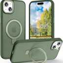 Magnetic for iPhone 15 Case with Ring Stand, [10 FT Drop Protection] [Velvety Touch] Slim Translucent Matte Back Shockproof Phone Case for iPhone 15 6.1'', Midnight Green