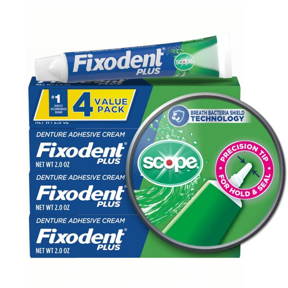 Fixodent Plus Scope Secure Denture Adhesive 2.0oz (Pack of 4)  Blue & Green