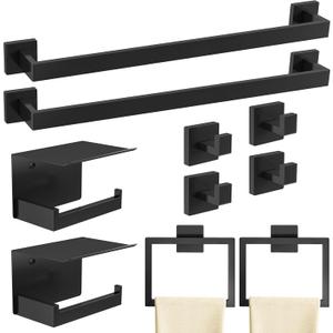 10-Piece Matte Black Bathroom Hardware Accessories Set, 24 inch Towel Bar, Stainless Steel Towel Racks for Bathroom, Bath Towel Bar Set Wall Mounted