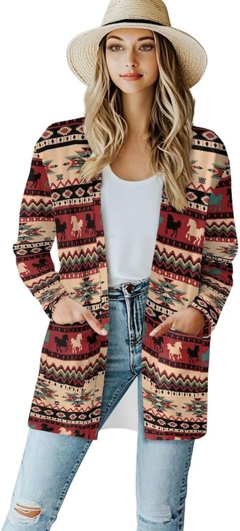 Forchrinse Bee Honey Women's Cardigan with Pockets Casual Open Front Cardigan Jacket for Women Fall Long Sleeve Cute Cardigan (Native American Navajo)
