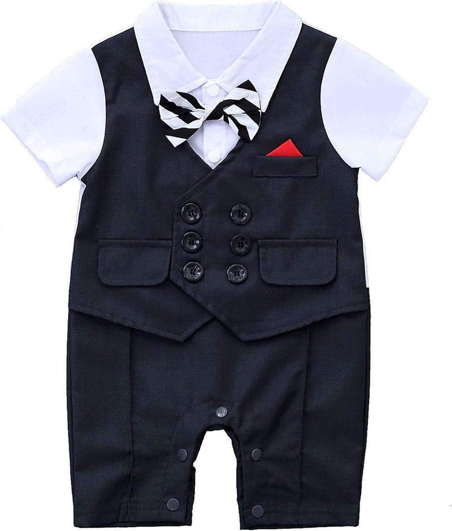 Baby Boy Gentleman White Shirt Waistcoat Bowtie Tuxedo Onesie Jumpsuit Overall Romper 6-9M
