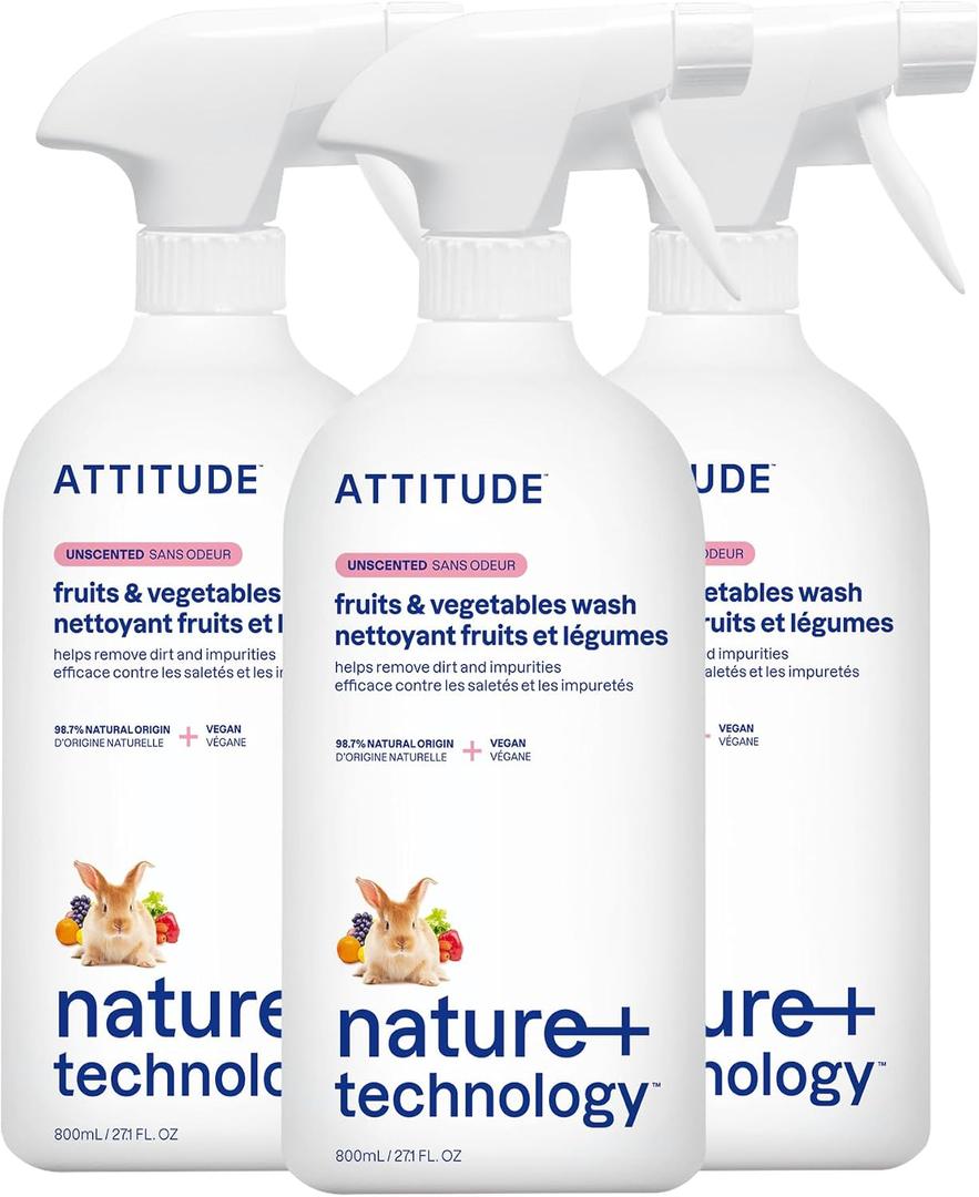 ATTITUDE Fruit & Vegetable Wash, Unscented Food-Safe Produce Wash to Remove Dirt, Wax & Residue, Vegan Plant-Based Produce Cleaner, 27.1 Fl Oz (Pack of 3)