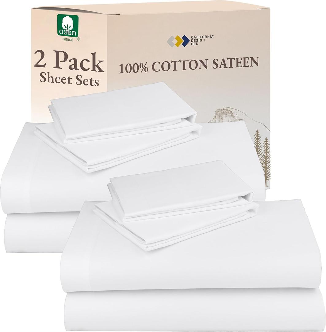 California Design Den 100% Cotton 2-Pack Full Sheet Set - Soft & Durable Sateen, Deep Pocket Full Size Bed Sheets (White) (01 - Bright White)