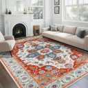 WILLSUN Washable Area Rugs, 8x10 Non-Slip Boho Large Area Rugs for Living Room, Bedroom, Machine Washable Vintage Rug, Indoor Floral Print Carpet for Home Decor, Kid & Pet Friendly Mat