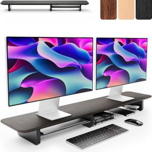 KIVY Dual Monitor Riser With Integrated Metal Shelf [MADE BY HAND] - Wooden Desk Shelf for 2 Monitors - Wide Long Stand for Desk (44 x10x3in - Black)