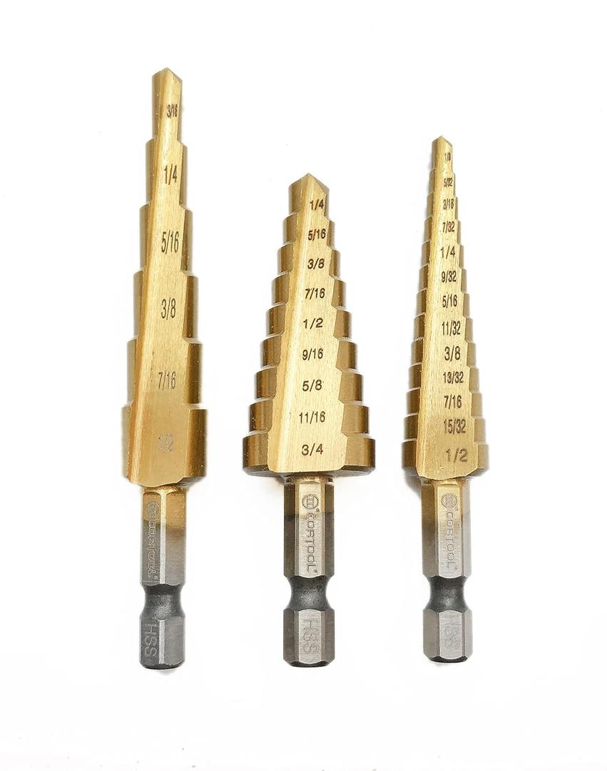 Titanium Step Drill Bit Set - 3PCS High Speed Steel Unibit, 1/4" Shank, Total 28 Sizes 3/16" - 1/2"