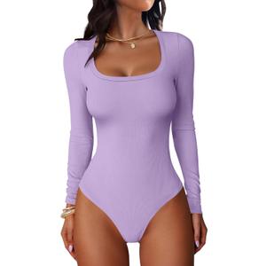 ANRABESS Women Scoop Neck Bodysuits Long Sleeve Tops 2025 Fall Slim Fit Ribbed Knit Sexy Soft Basic Shirts Fashion Outfits (Medium, Light Purple)