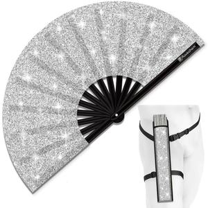 Glitter Large Rave Folding Clack Hand Fan with Holster, Boots on the Ground Popping Handheld Fan Foldable for Men Women for EDM Festival Club Party Dance, (Silver, Large 13") (33cm Closed | 63cm Open (13" Closed | 24.5" Open))