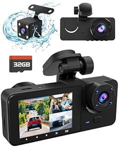 3 Channel Dash Cam, 4K+1080P Dash Cam Front and Rear Inside, Dash Camera for Cars, Triple Car Camera with 32GB Card, Built-in G-Sensor, 2’’ IPS Display Car Camera, Loop Recording, 24Hr Parking