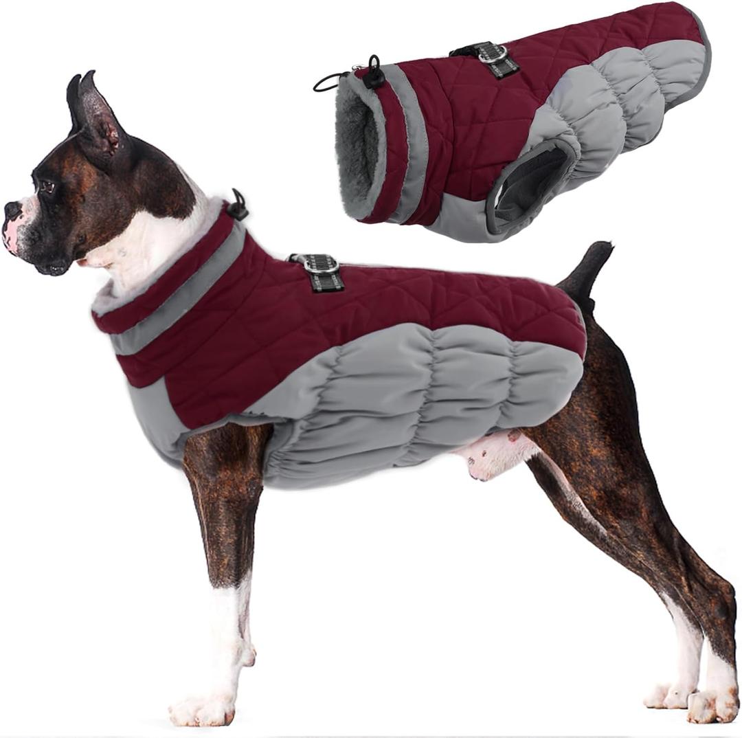 Lelepet Dog Coat Warm Dog Winter Coat Waterproof Dogs Jacket with Harness Built in Reflective Pet Fleece Vest Zip-Up Cold Weather Coats for Large Dogs Turtleneck & Windproof Coats Pitbull 2XL (Burgundy)