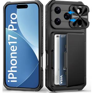 BXYJY for iPhone 17 Pro Case Wallet, Card Holder (4-5 Cards), Slide Camera Cover, Military Drop Protection, Rugged Heavy Duty Men Women Protective Phone Case for iPhone 17 Pro 6.3" 2025, Black
