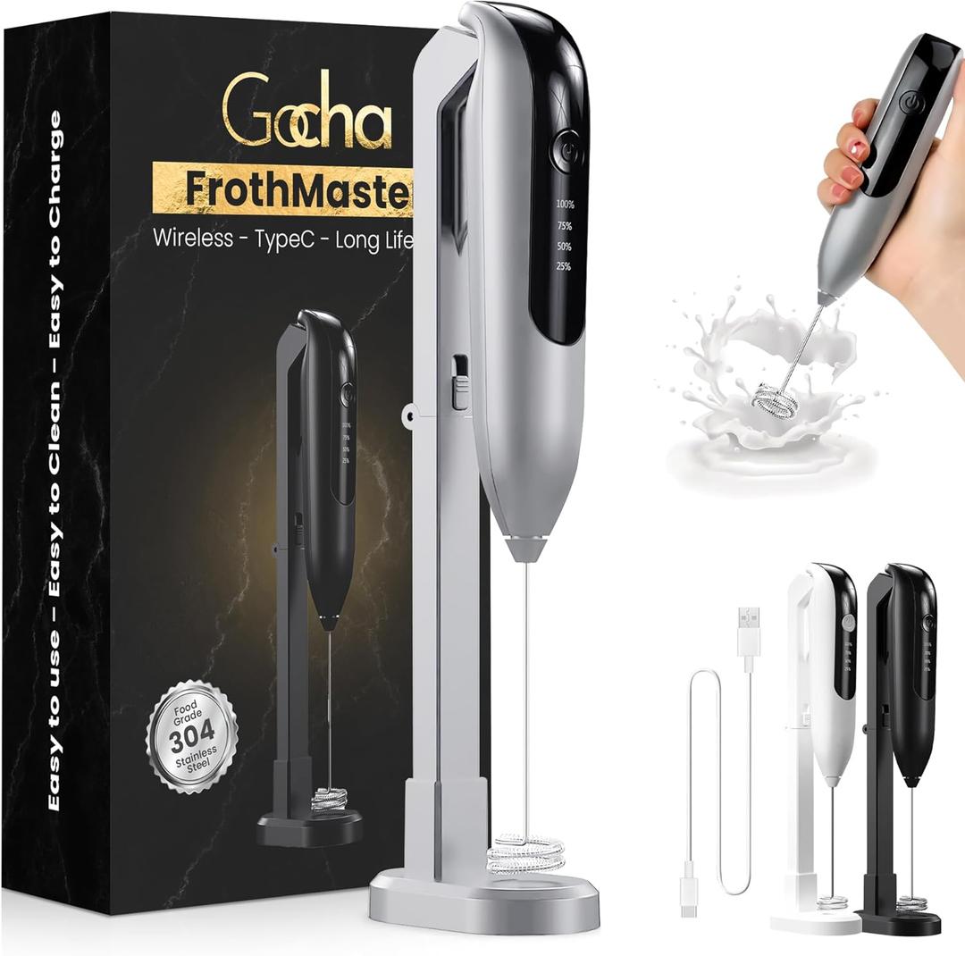 GOCHA | FrothMaster X2 Rechargeable Milk Frother  2-Speed Handheld Foam Maker for Coffee, Lattes, Matcha  USB-C Charging, Stainless Steel Whisk, Stand Included (Silver)