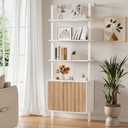 INNOD 74" Tall Bookshelf with Storage Cabinet, Modern Ladder Shelf with Wood and Metal Frame, Wall Mount Bookcase Open Display Shelf Furniture for Living Room, Bedroom, Home Office, White and Oak, 74" H x 23.6" W x 14" D