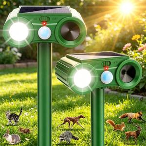 2 Pack Solar Ultrasonic Animal Repellent Outdoor with Motion Sensor & USB Charging -Waterproof Sonic Fortress Pro Animal Deterrent Devices for Cat,Deer,Rabbit,Squirrel,Dog,Raccoon,Skunk in Garden Yard