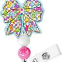 Easter Bow Retractable Badge Reel Cute Bunny Designs Beaded Badge Holder with Swivel Alligator Clip Nurse Name Card Tag for RN LPN CNA MA Nurse Teacher Accessories Gifts