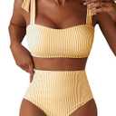 Herseas Women's Tie Shoulder Bikini Sets 2 Piece Striped Swimsuits High Waisted Bathing Suits (Yellow, M)