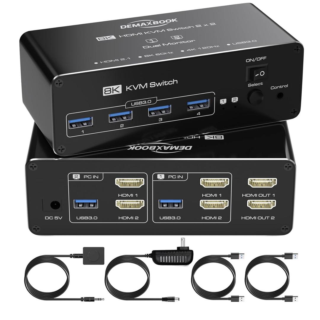 DEMEXBOOK HDMI KVM Switch 2 Monitors 2 Computers 8K@60Hz 4K@120Hz, with 4 USB 3.0 Ports for 2 Computers Sharing 2 Monitors, Extended/Copy Mode, with Power Adapter,Includes Remote & 2 USB Cables