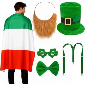 Leprechaun Costume Set, St Patricks Day Hat Flag Cape Glasses Suspenders Beard Bow Tie for Adult (Green)