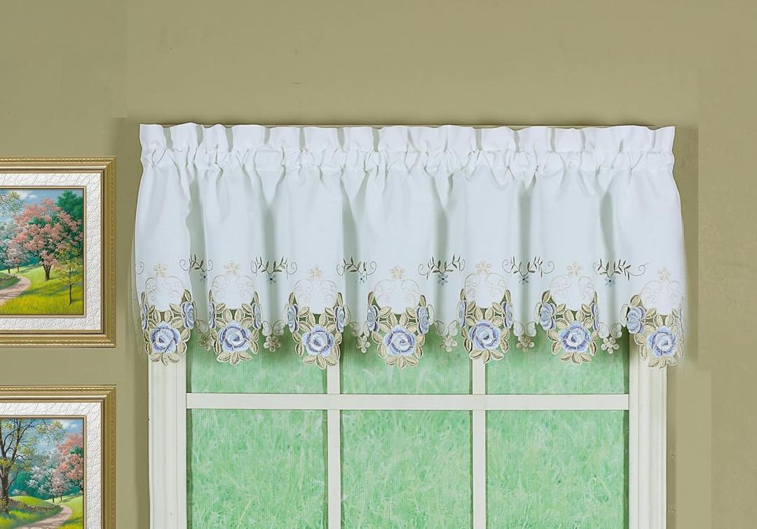 Today's Curtain Verona Reverse Embroidery Valance, 14", White/Blue