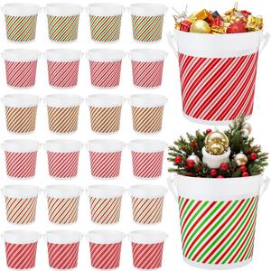 Honeydak 24 Pcs 32oz Christmas Plastic Bucket with Handle 5.3 x 4.8 x 3.7 Inches Reusable Christmas Treat Buckets for Gift Red Green Color Stripes Food Container for Xmas Winter Holidays Party Favors